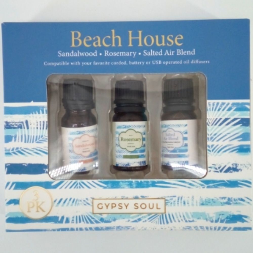 NIB Beach House 3 Pack Oil Diffusing Kit Sandalwood Rosemary salted air blend